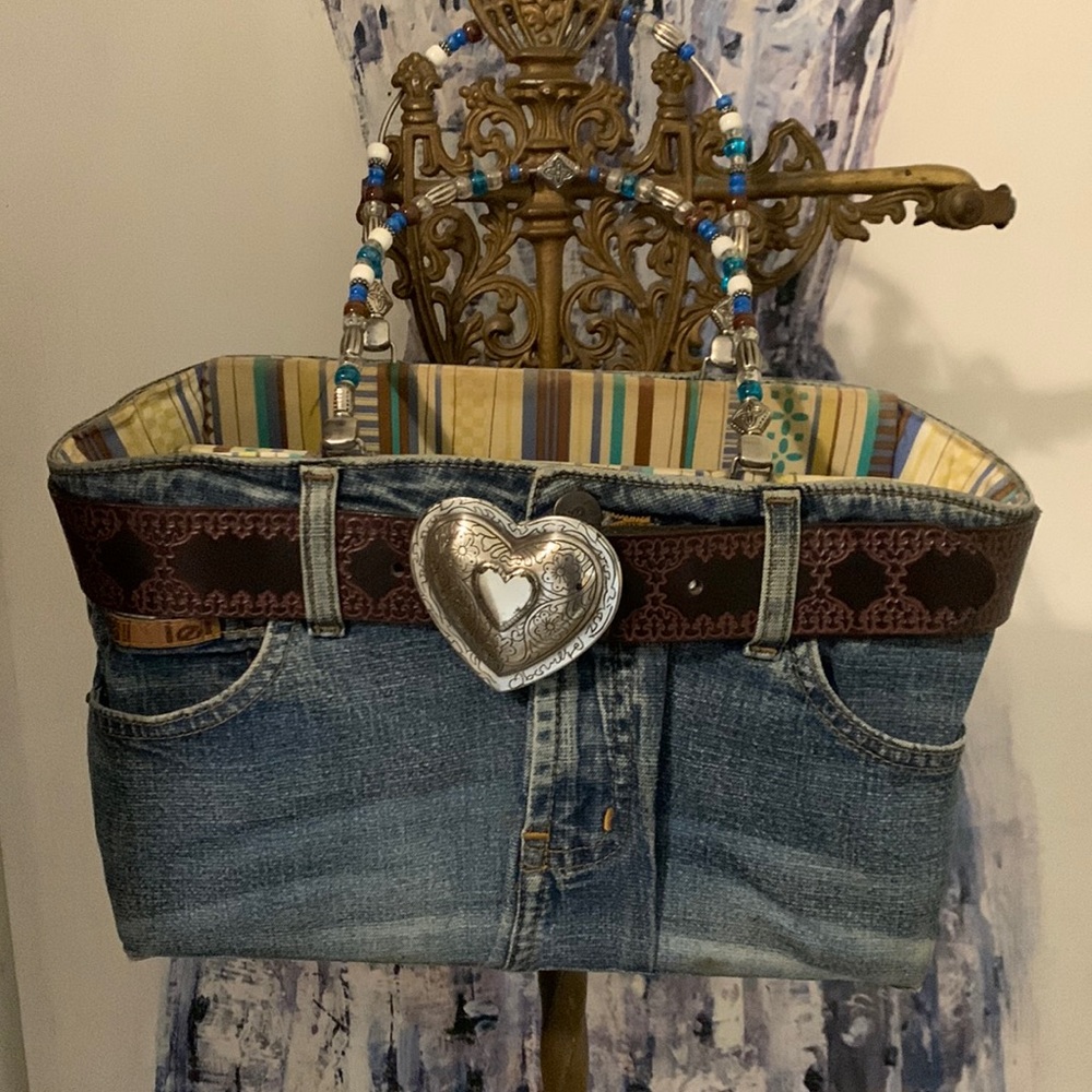 LEI “Bootie Bag” denim belted jean tote
